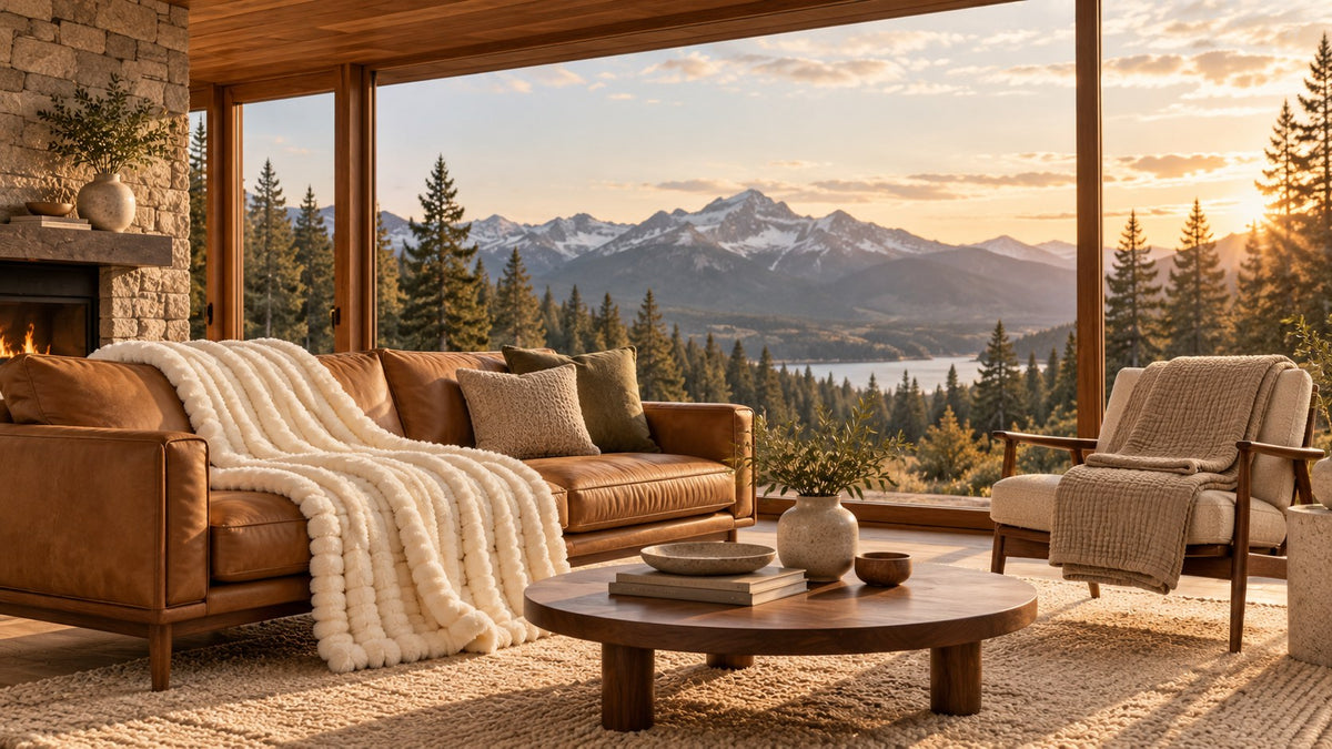 Mallowfern mid-century modern living room with blankets and mountain view